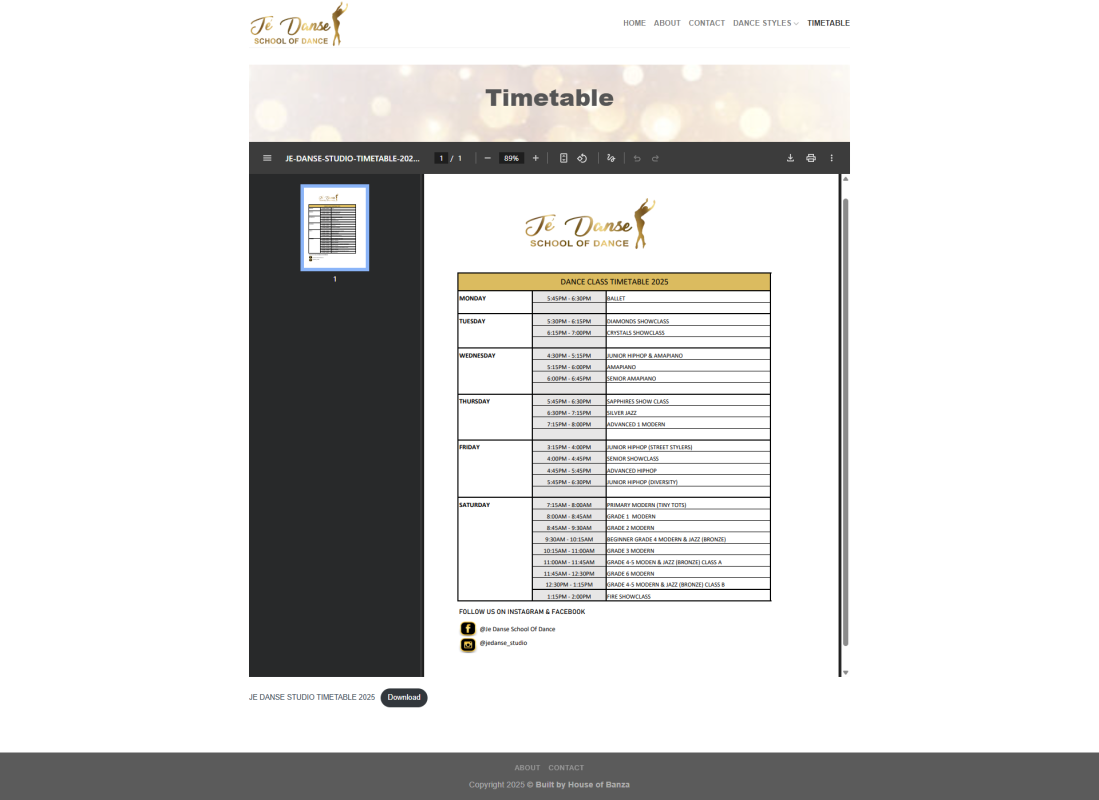 5 JeDanse Studio Timetable Page 1099x800